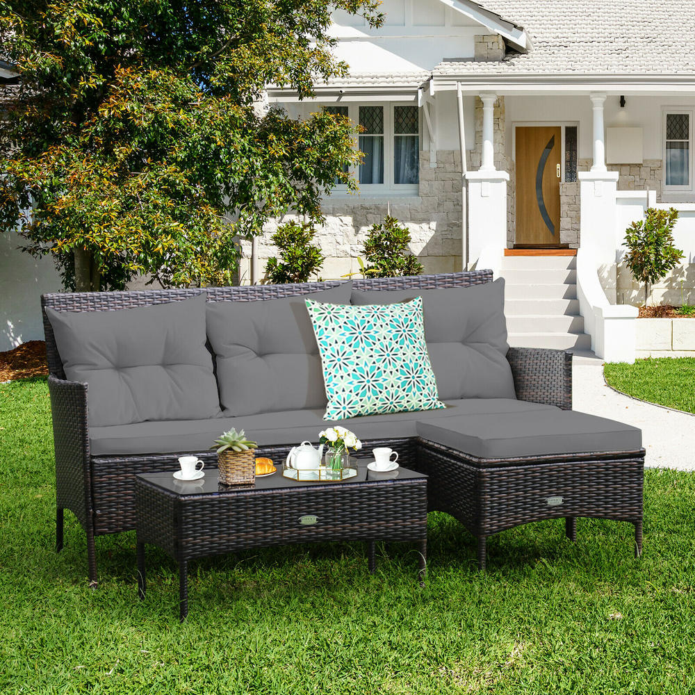 Patiojoy HW67714GR 3PCS Patio Rattan Furniture Set 3Seat Sofa