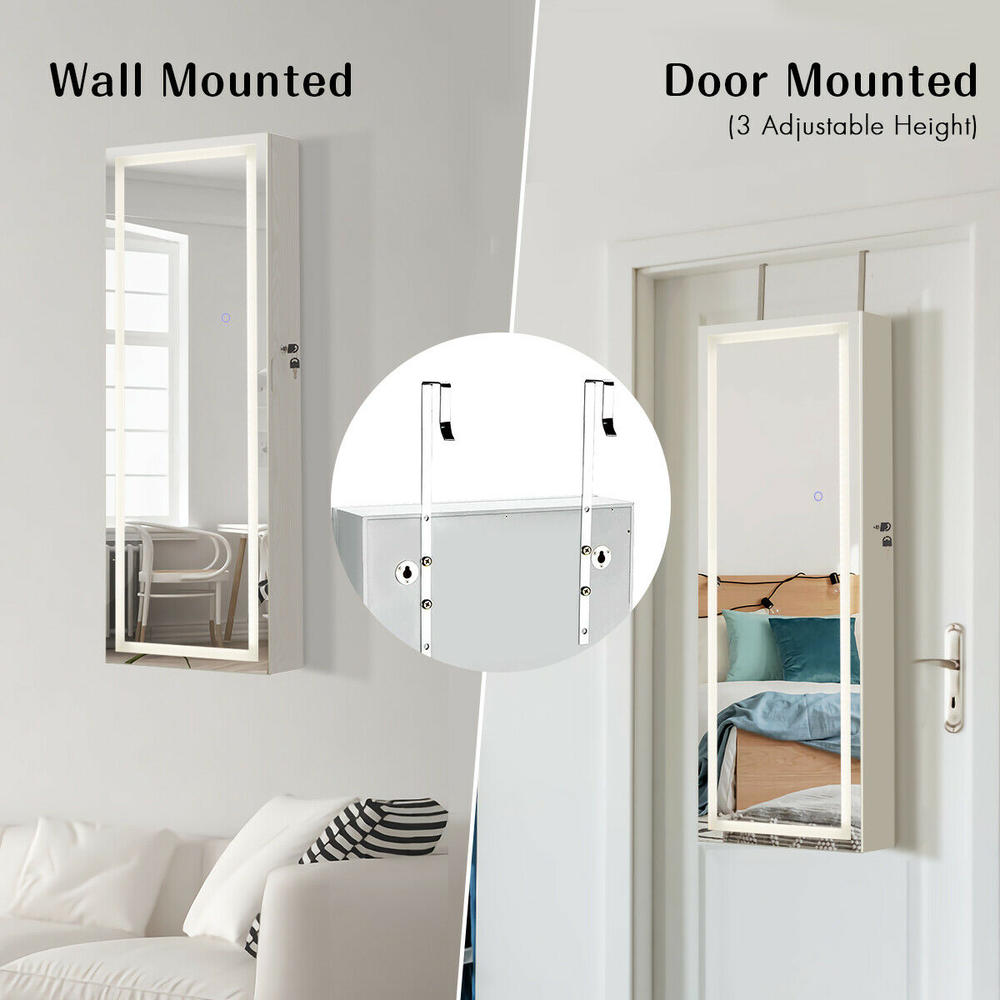 Goplus Door Wall Mount Touch Screen LED Light Mirrored Jewelry Cabinet Storage Lockable