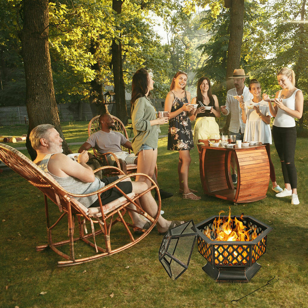 Costway 26’’ Outdoor Hex-shaped Fire Pit Wood Burning Bowl W/ Screen Cover and Poker
