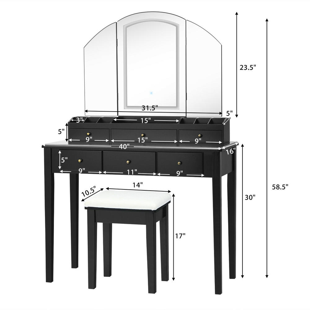 Costway Vanity Table Stool Set Large Tri-folding Lighted Mirror 6 Drawer Dresser Black