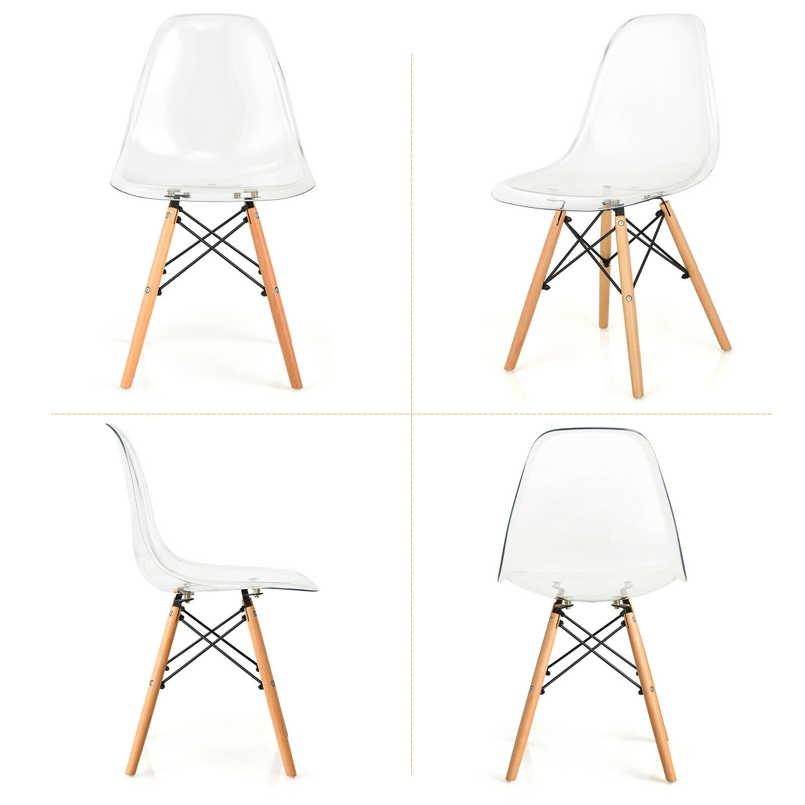 Costway Set of 4 Dining Chairs Modern Plastic Shell Side Chair w/ Clear Seat & Wood Legs