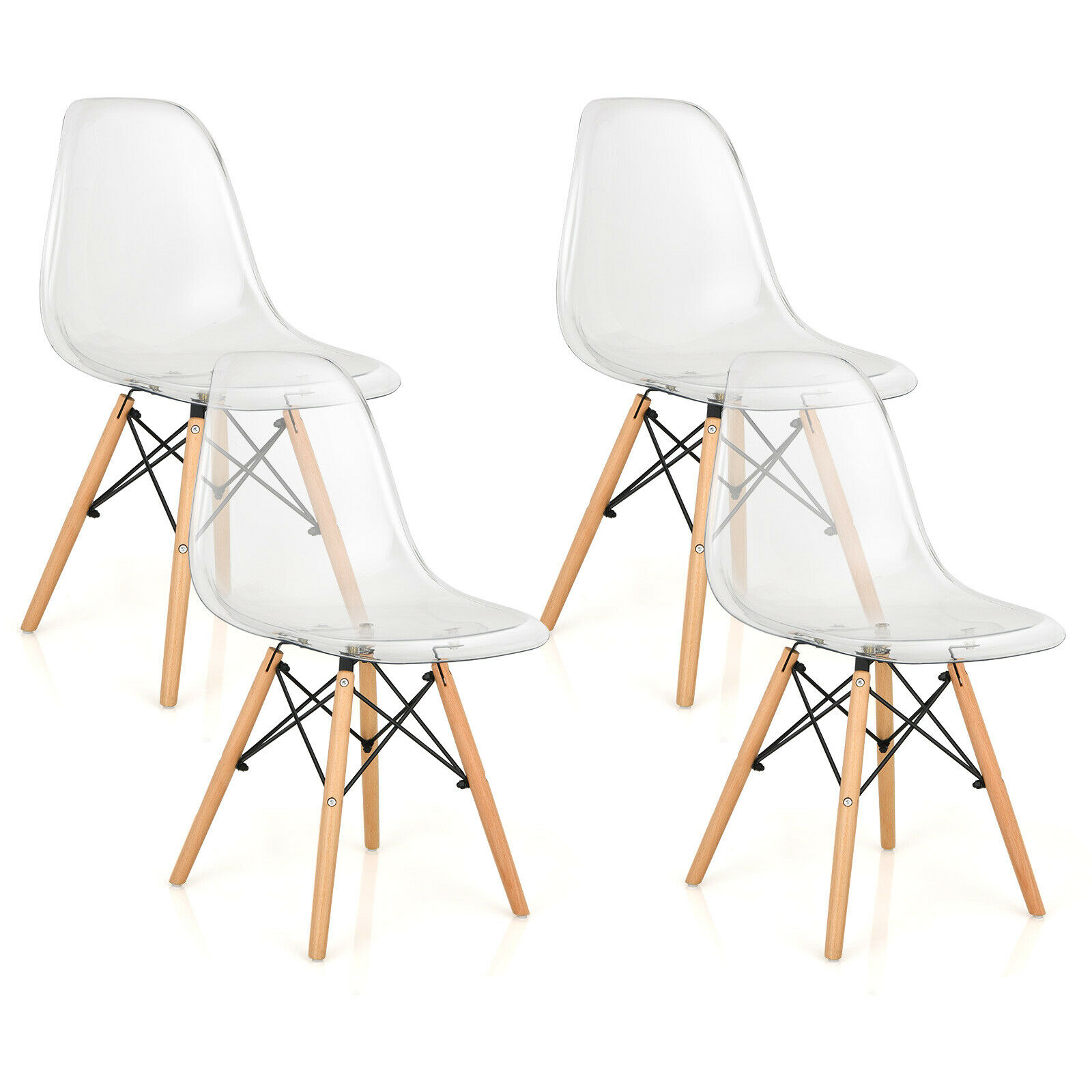 Costway Set of 4 Dining Chairs Modern Plastic Shell Side Chair w/ Clear Seat & Wood Legs