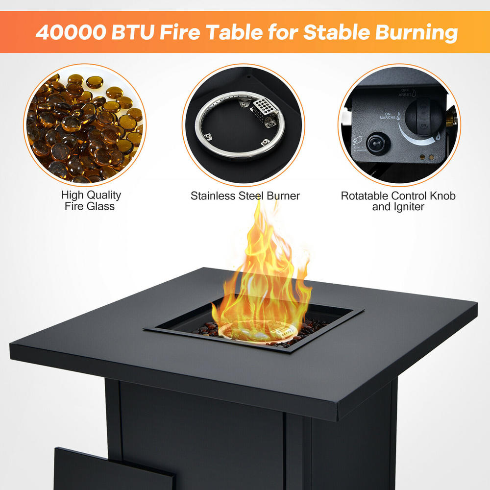 Costway 32" Propane Fire Pit Table 40000 BTU Square Patio Heater W/ Glass Beads & Lid