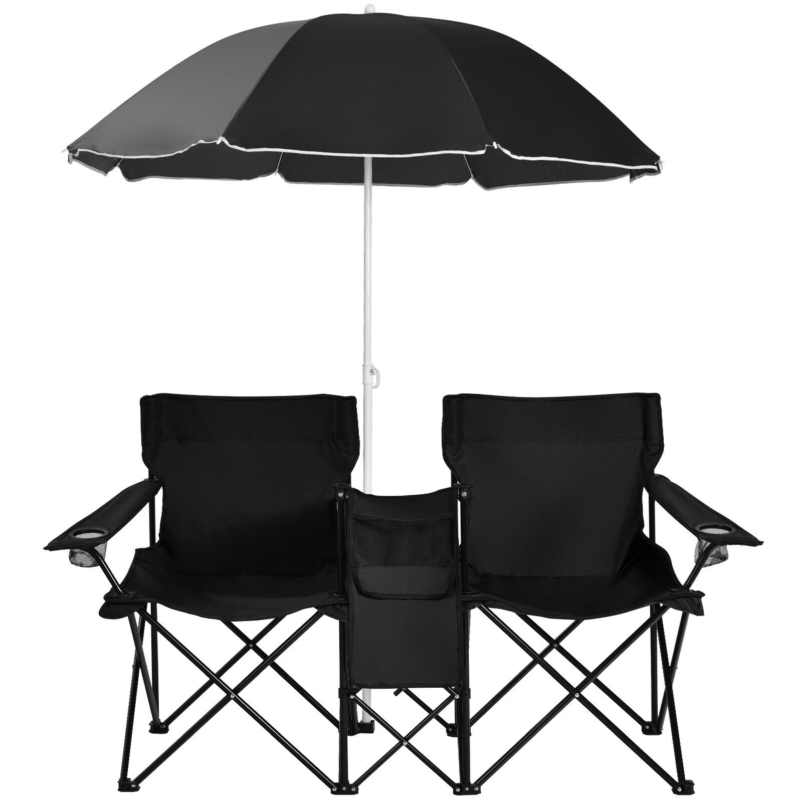 Goplus Portable Folding Picnic Double Chair W/Umbrella Table Cooler Beach Camping Black