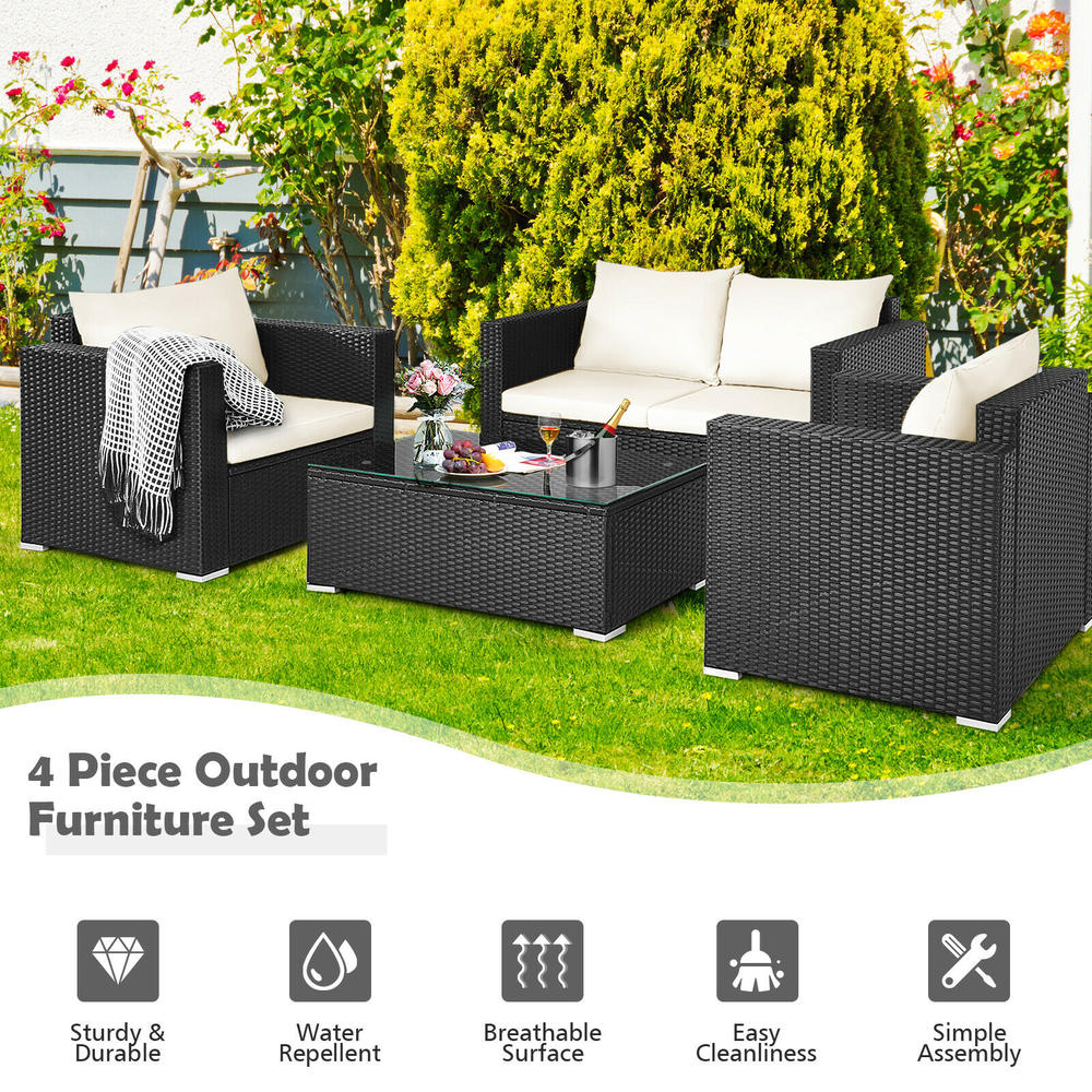Costway 4PCS Patio Rattan Furniture Set Cushioned Sofa Chair Coffee Table Off White