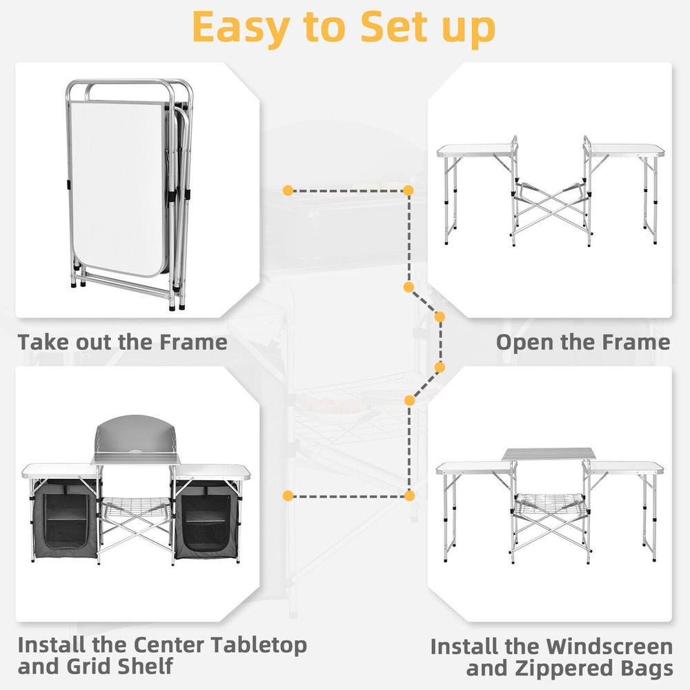 Costway Folding Portable Aluminum Camping Grill Table w/ Storage Organizer Windscreen