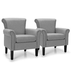 Giantex Set of 2 Upholstered Fabric Accent Chairs w/ Rubber Wood Legs Light Gray