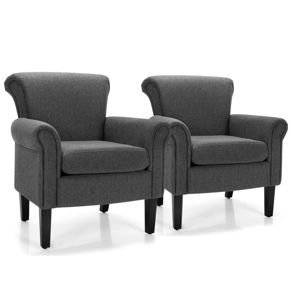 Giantex Set of 2 Upholstered Fabric Accent Chairs w/ Rubber Wood Legs Dark Gray