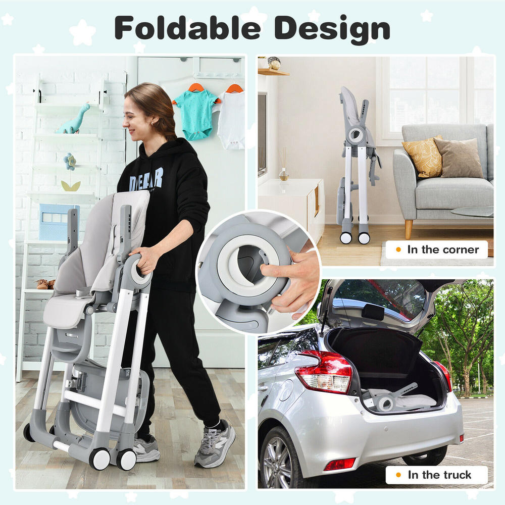 BabyJoy Baby Folding Convertible High Chair w/Wheel Tray Adjustable Height Recline Grey