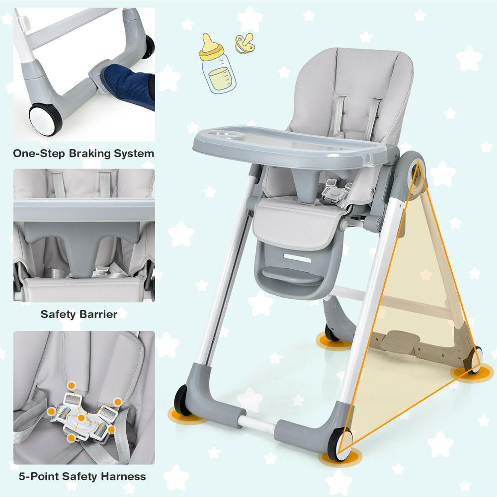 BabyJoy Baby Folding Convertible High Chair w/Wheel Tray Adjustable Height Recline Grey