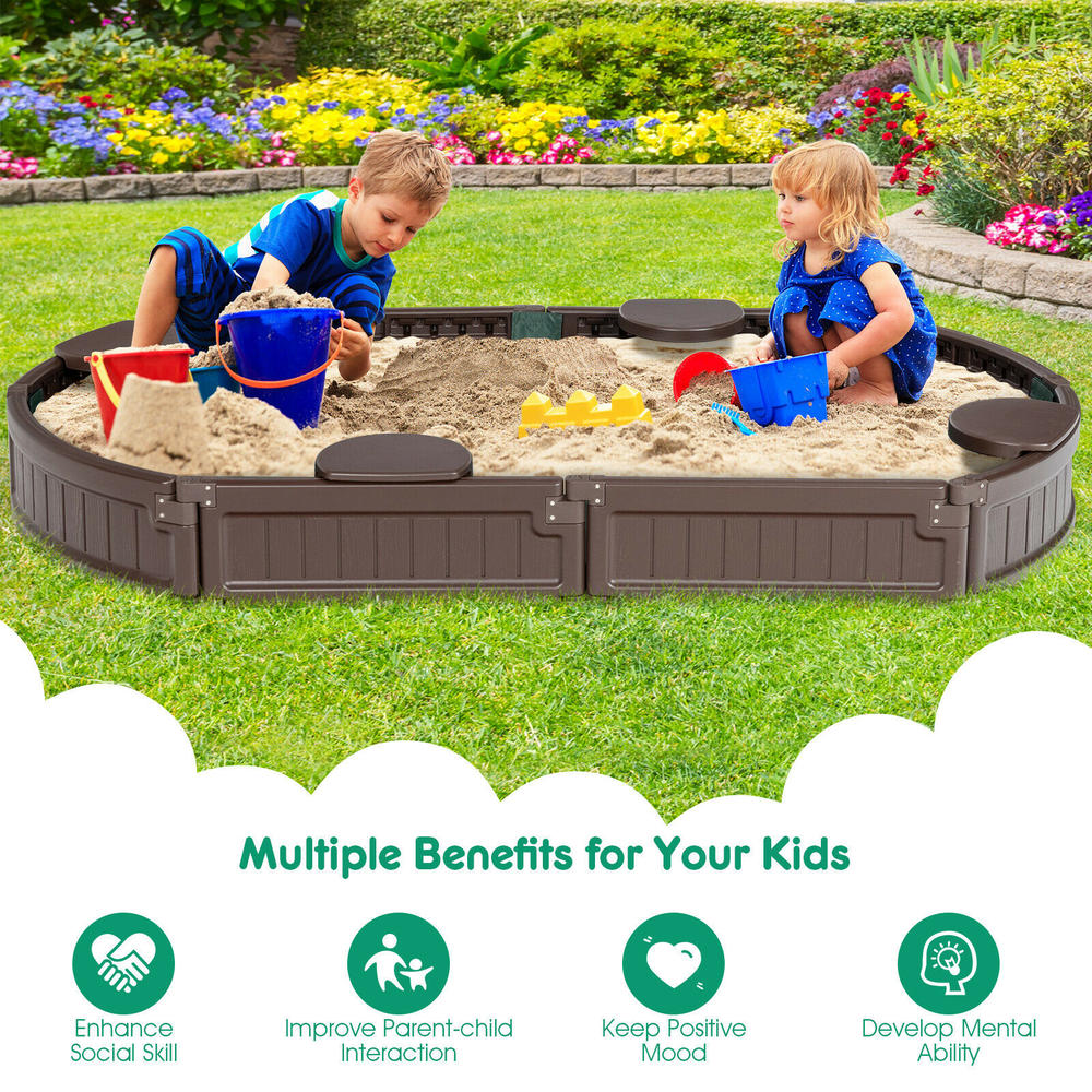 Costway 6' Wooden Sandbox w/Built-in Corner Seat, Cover, Bottom Liner for Outdoor Play
