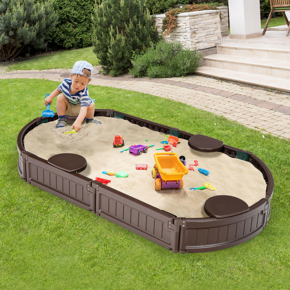 Costway 6' Wooden Sandbox w/Built-in Corner Seat, Cover, Bottom Liner for Outdoor Play