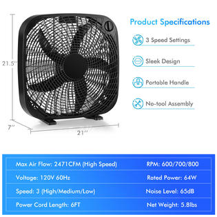 Costway ES10087US-BK 20 Box Fan Portable Floor Fan Window Fan with 3 Speed  Settings u0026 Knob Control