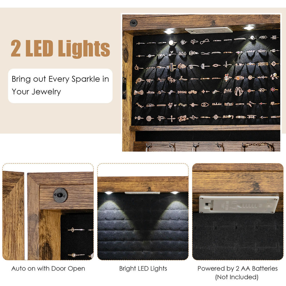 Costway Mirrored Wall & Door Mounted Jewelry Cabinet Storage Organizer W/ Lights&Drawer