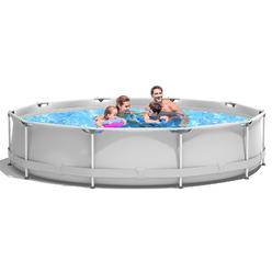 Costway Round Above Ground Swimming Pool Patio Frame Pool W/ Pool Cover Iron Frame Grey