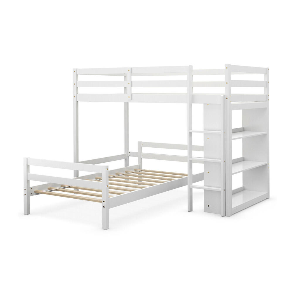 Costway Twin Over Twin Loft Bunk Bed Wood w/Bookcase Guardrail Ladder Kids Bedroom