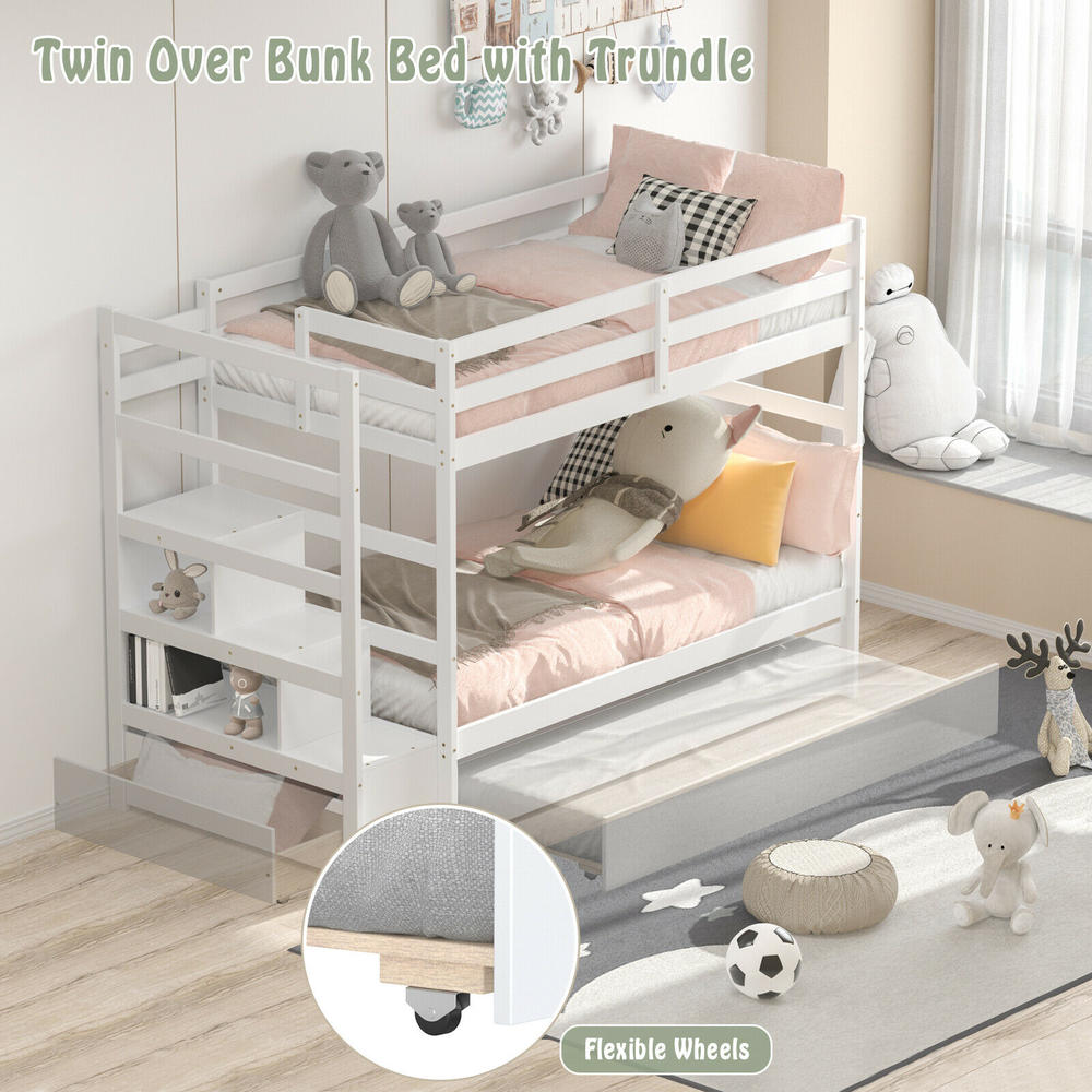 Costway Twin Over Twin Bunk Bed with Trundle Stairway and Storage Shelf Drawer White