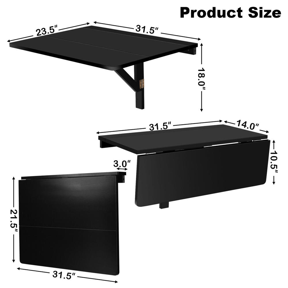 Costway Wall-Mounted Drop-Leaf Table Folding Kitchen Dining Table Desk Space Saver Black