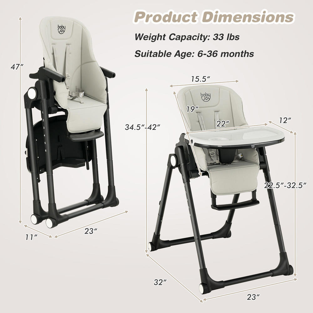 BabyJoy 4-in-1 Foldable Baby High Chair Height Adjustable Feeding Chair w/ Wheels Grey