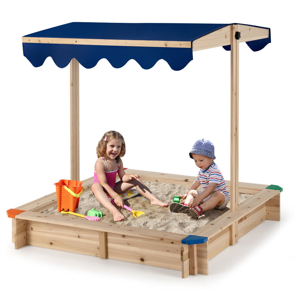 Costway Kids Wooden Sandbox with Height Adjustable & Rotatable Canopy Outdoor Playset