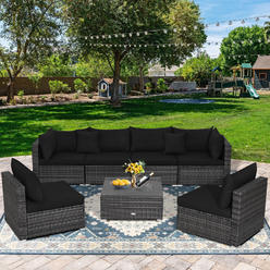 Patiojoy 7PCS Patio Rattan Furniture Set Sectional Sofa Cushioned Garden Black