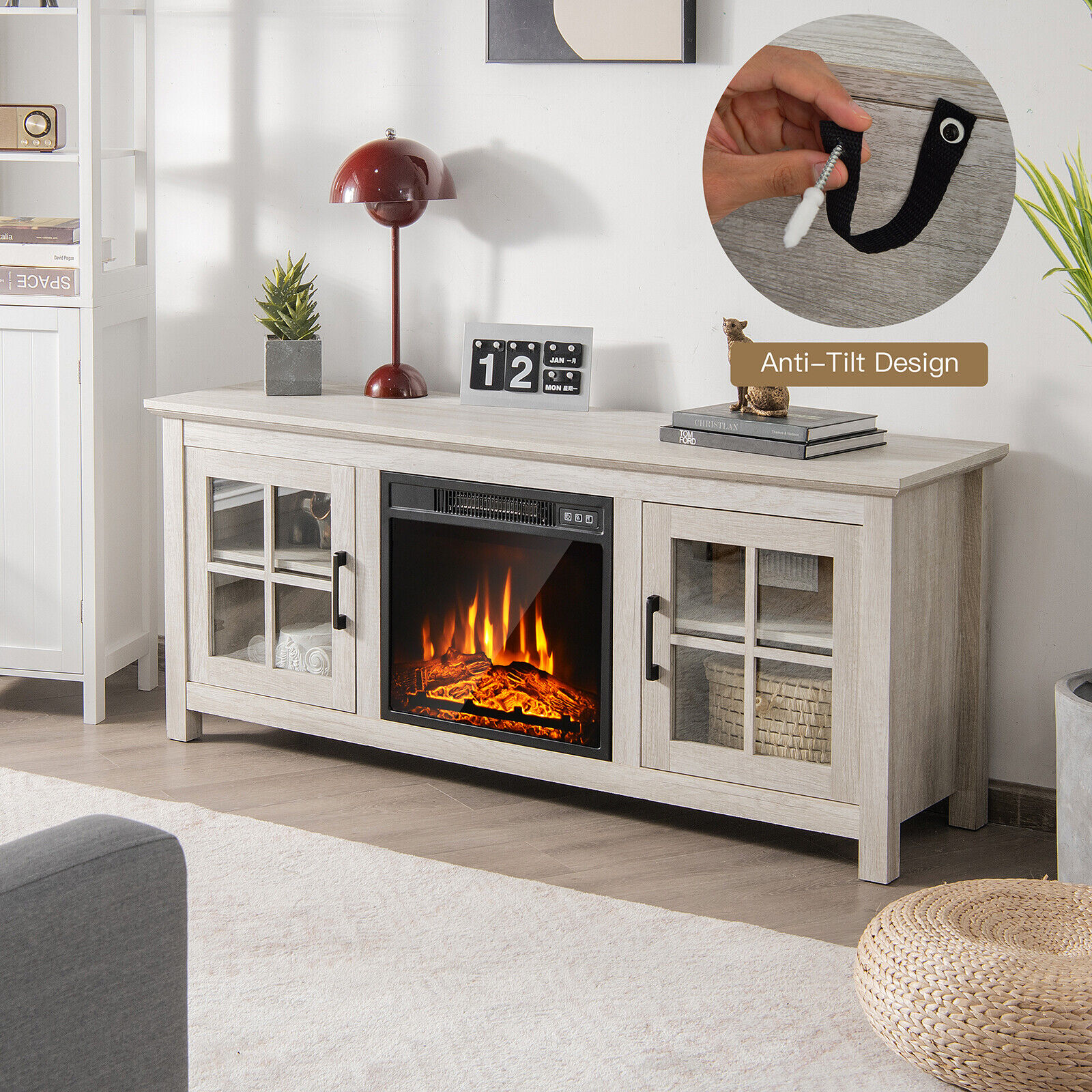 Costway 58 Inches Fireplace TV Stand for TVs up to 65 Inches W/ 1400W Electric  fireplace