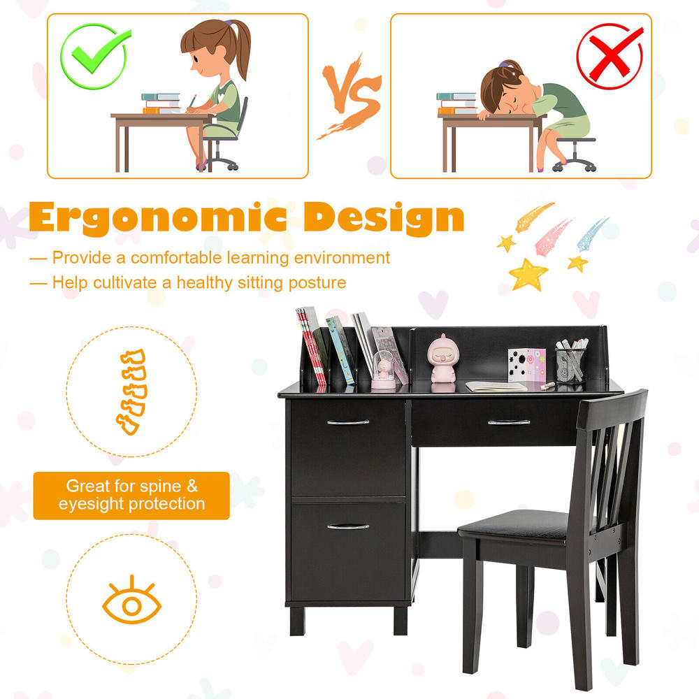 Costway Kids Wooden Study Desk & Chair Writing Table w/Drawer Storage Cabinet Brown
