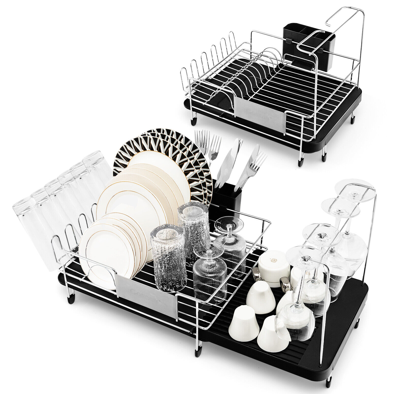 Costway Dish Drying Rack Stainless Steel Expandable Dish Rack w/Drainboard&Swivel Spout