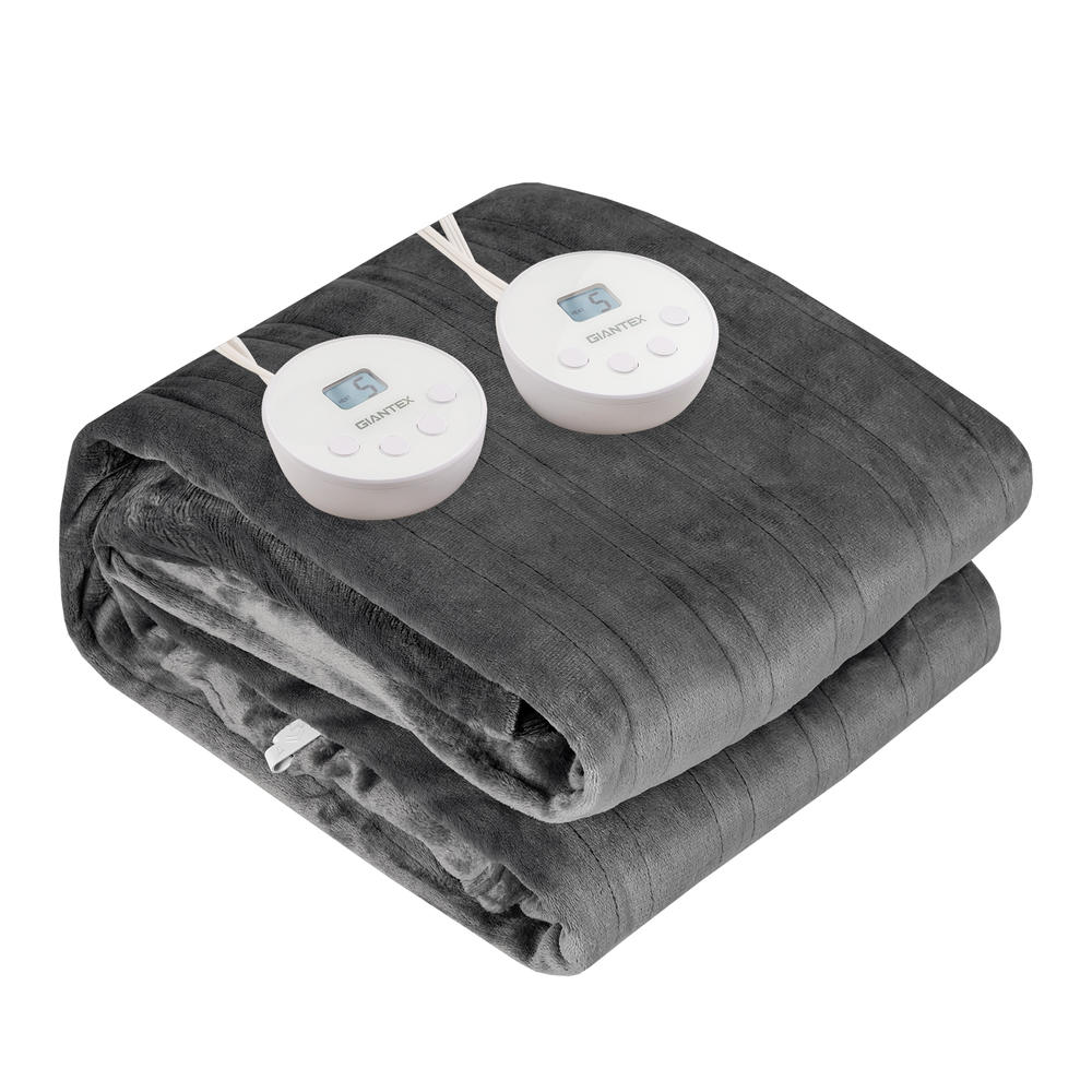 Giantex 84" x 90" Flannel Heated Blanket Electric Throw w/ Dual Controllers Gray