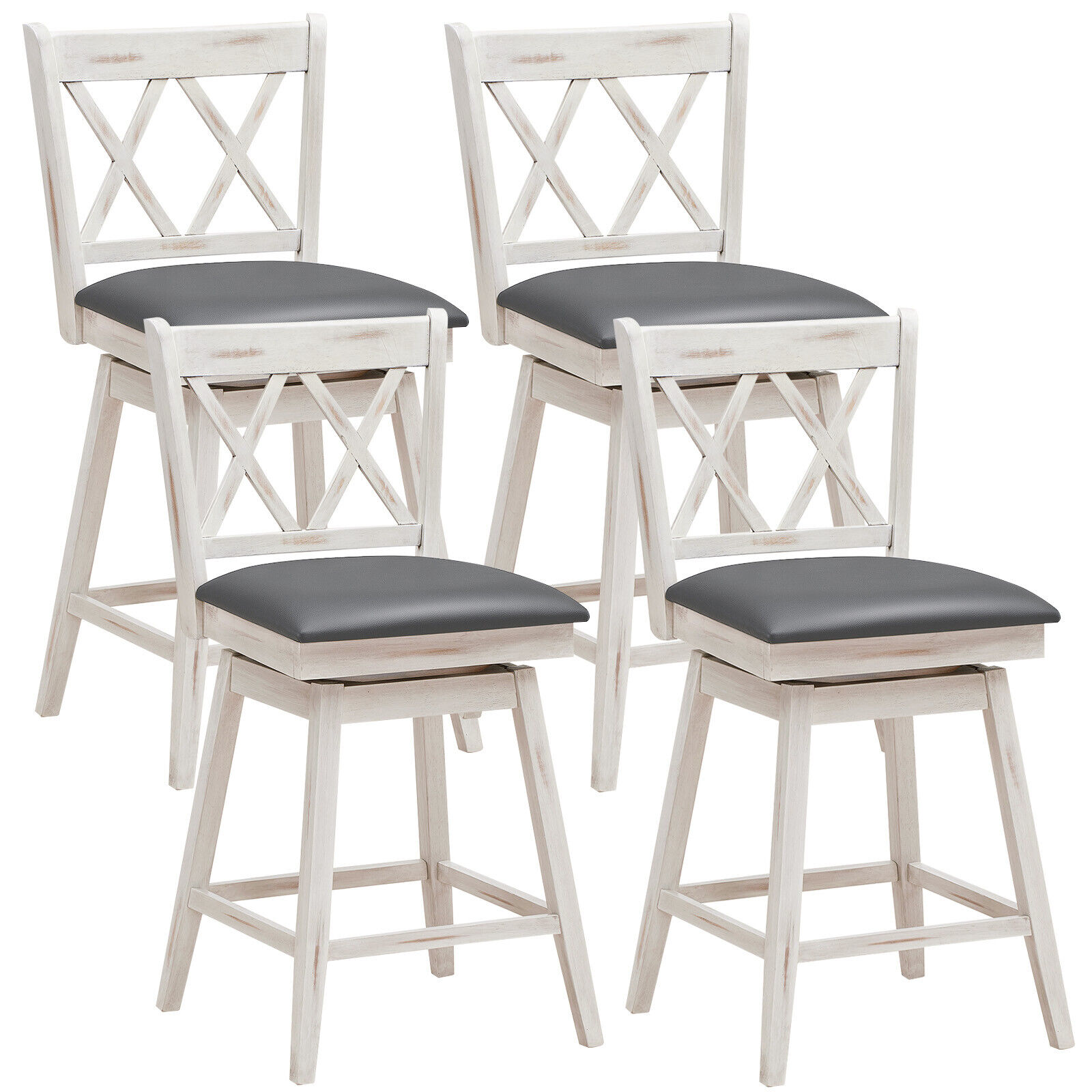 Costway Set of 4 Barstools Swivel Counter Height Chairs w/Rubber Wood Legs Antique White