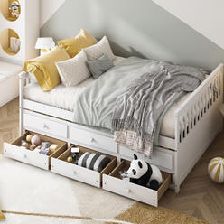 Costway Full Daybed Frame with Twin Trundle Bed & 3 Storage Drawers Wood Sofa Bed White