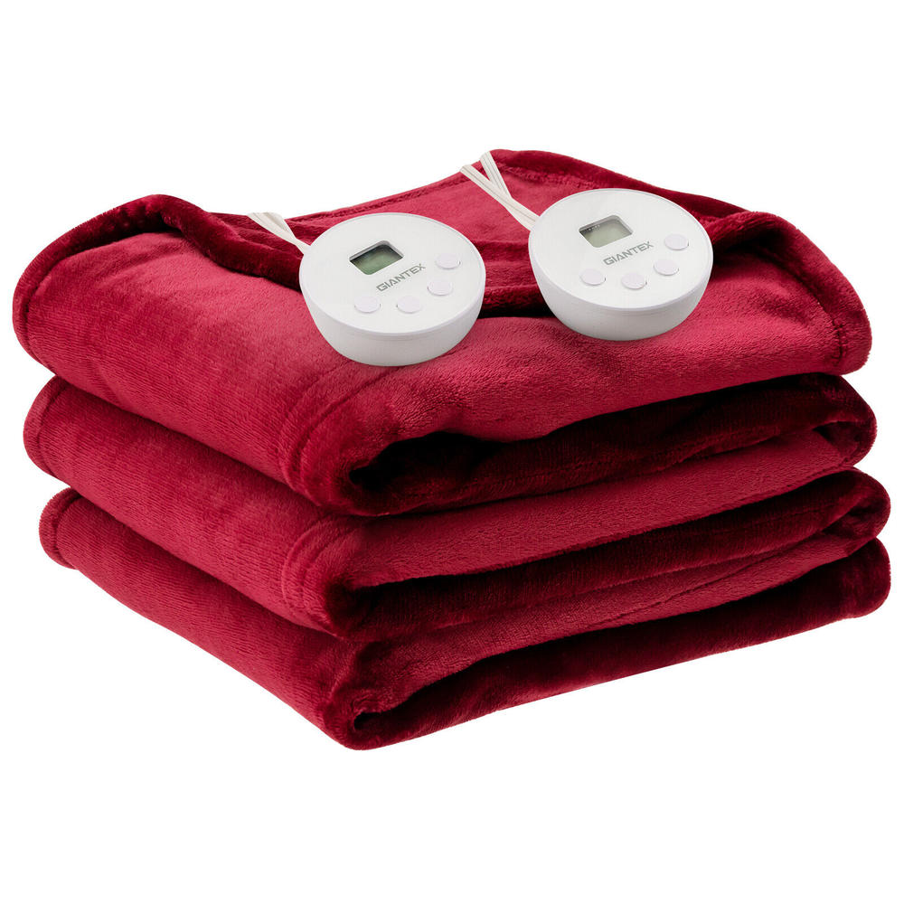 Giantex 84" x 90" Flannel Heated Blanket Electric Throw w/ Dual Controllers Red