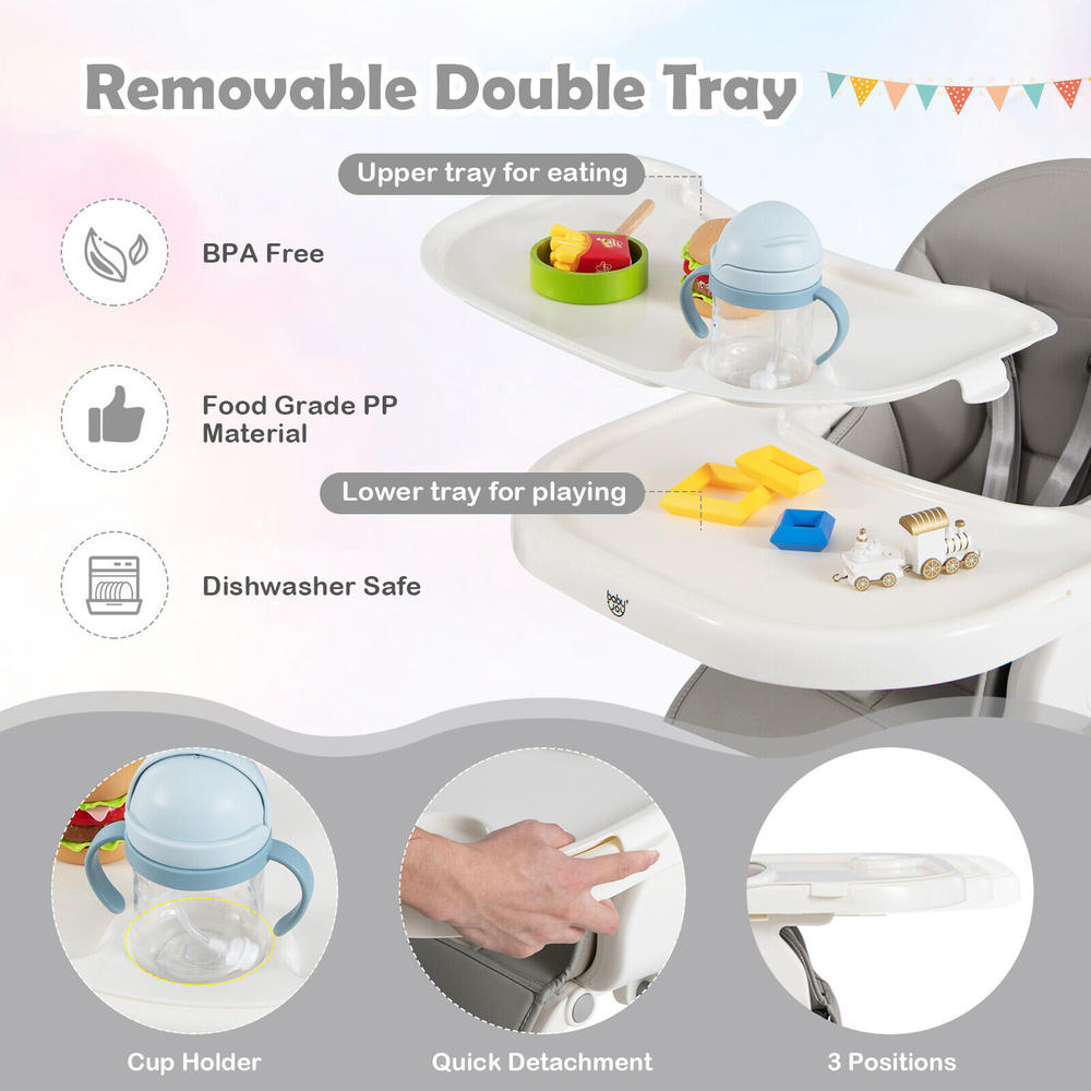 BabyJoy Foldable Baby High Chair w/ 7 Adjustable Heights & Free Toys Bar for Fun Grey