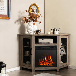 Costway Corner Fireplace TV Stand w/ 18" Electric Fireplace for TVs up to 50" Grey