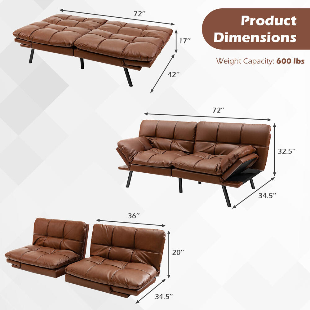 Costway Convertible Futon Sofa Bed Memory Foam Couch Sleeper w/ Adjustable Armrest Brown