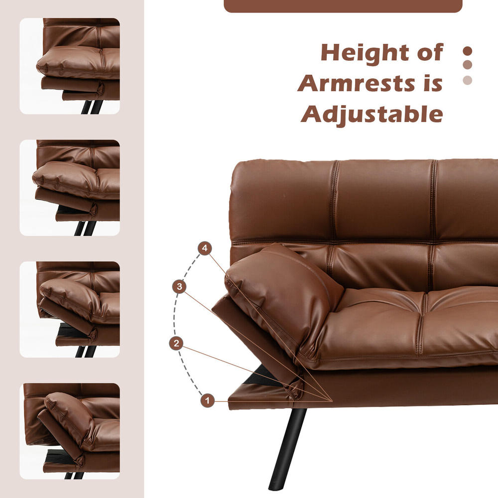 Costway Convertible Futon Sofa Bed Memory Foam Couch Sleeper w/ Adjustable Armrest Brown