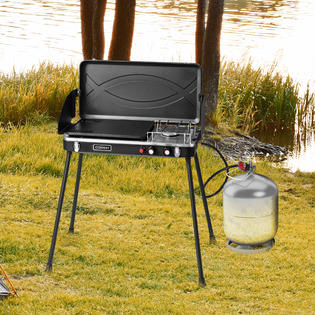 Costway NP10678DK 2-in-1 Propane Grill 2 Burner Camping Gas Stove Portable  w/ Removable Leg