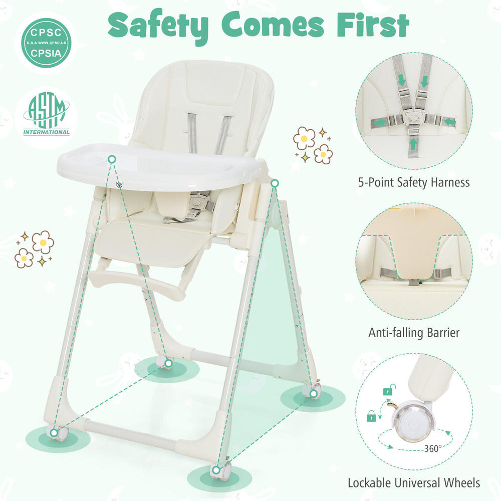 BabyJoy Foldable Baby Highchair w/ 360° Rotating Wheels & Height Adjustment Beige