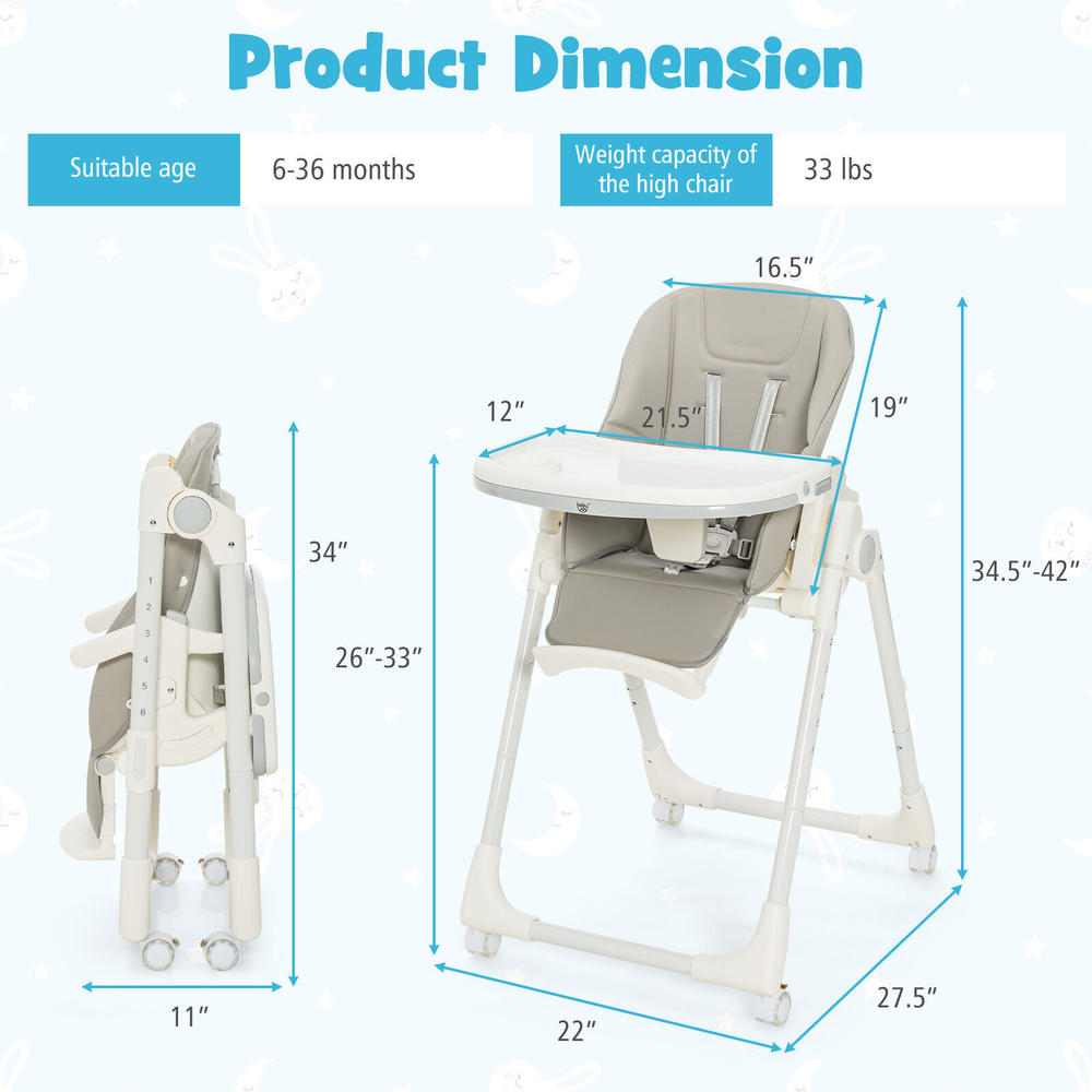 BabyJoy Foldable Baby Highchair w/ 360° Rotating Wheels & Height Adjustment Grey