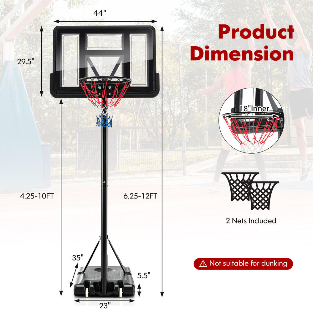 Costway 4.25-10FT Portable Adjustable Basketball Hoop System w/44'' Backboard 2 Nets