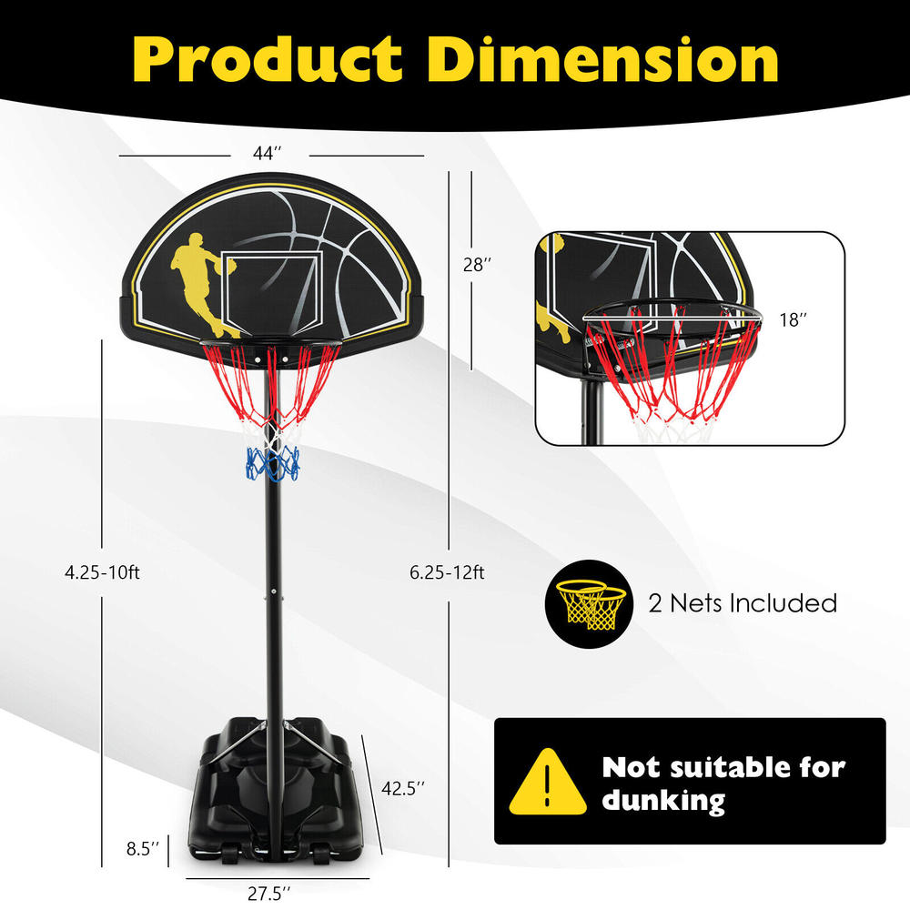 Costway 4.25-10FT Portable Adjustable Basketball Goal Hoop System w/2 Nets Fillable Base