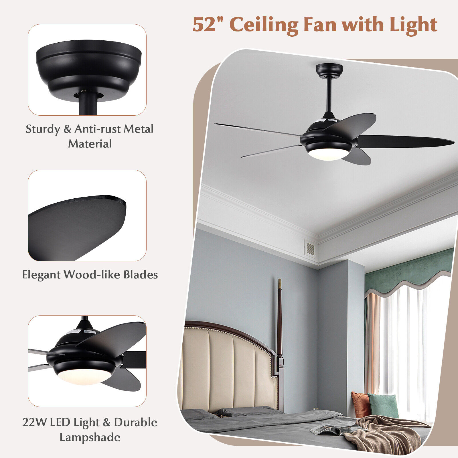 Costway 52" Ceiling Fan w/ LED Lights & Remote Control 1/2/4/8H Timer & 3 Fan Speeds