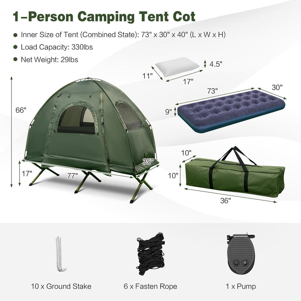Costway 1-Person Compact Portable Pop-Up Tent/Camping Cot w/ Air Mattress & Sleeping Bag