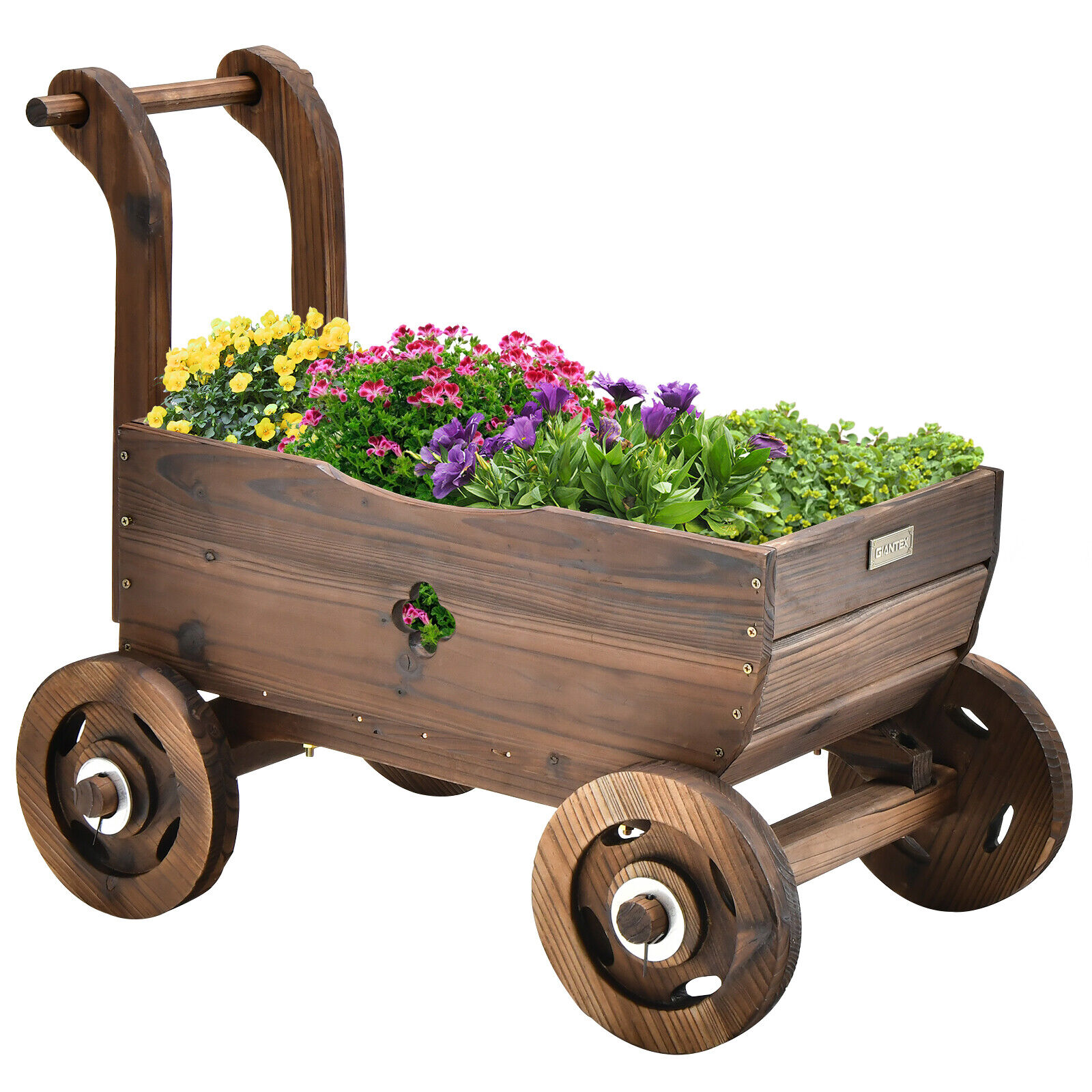 Image showcasing Costway GT3930CF Decorative Wagon Cart Plant Flower Pot Stand Wooden ...