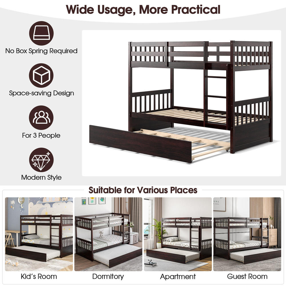 Costway Twin Over Twin Bunk Bed with Twin Trundle Solid Wood Frame Espresso