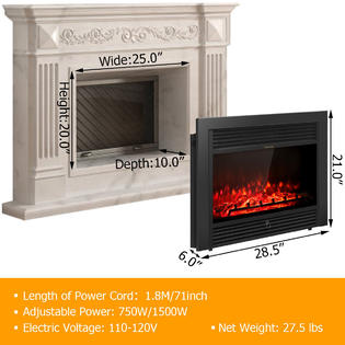Costway 28.5 Fireplace Electric Embedded Insert Heater Glass Log Flame  Remote