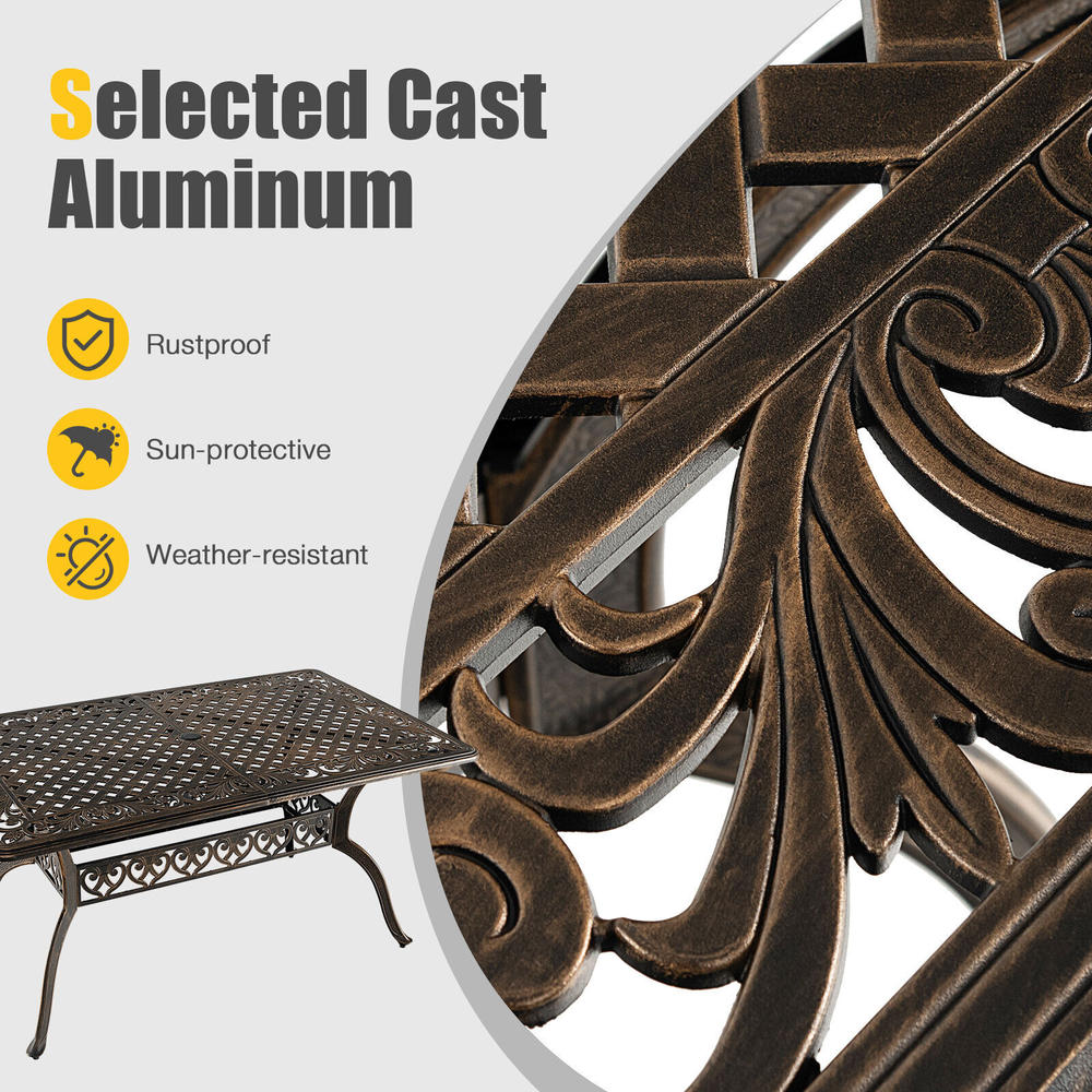Patiojoy 59" Outdoor Dining Table All-Weather Cast Aluminum Umbrella Hole 6 Person Bronze