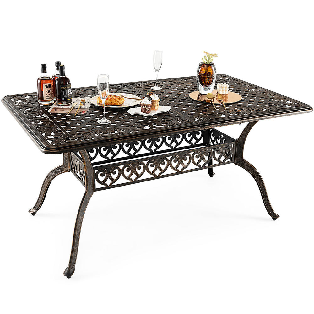 Patiojoy 59" Outdoor Dining Table All-Weather Cast Aluminum Umbrella Hole 6 Person Bronze