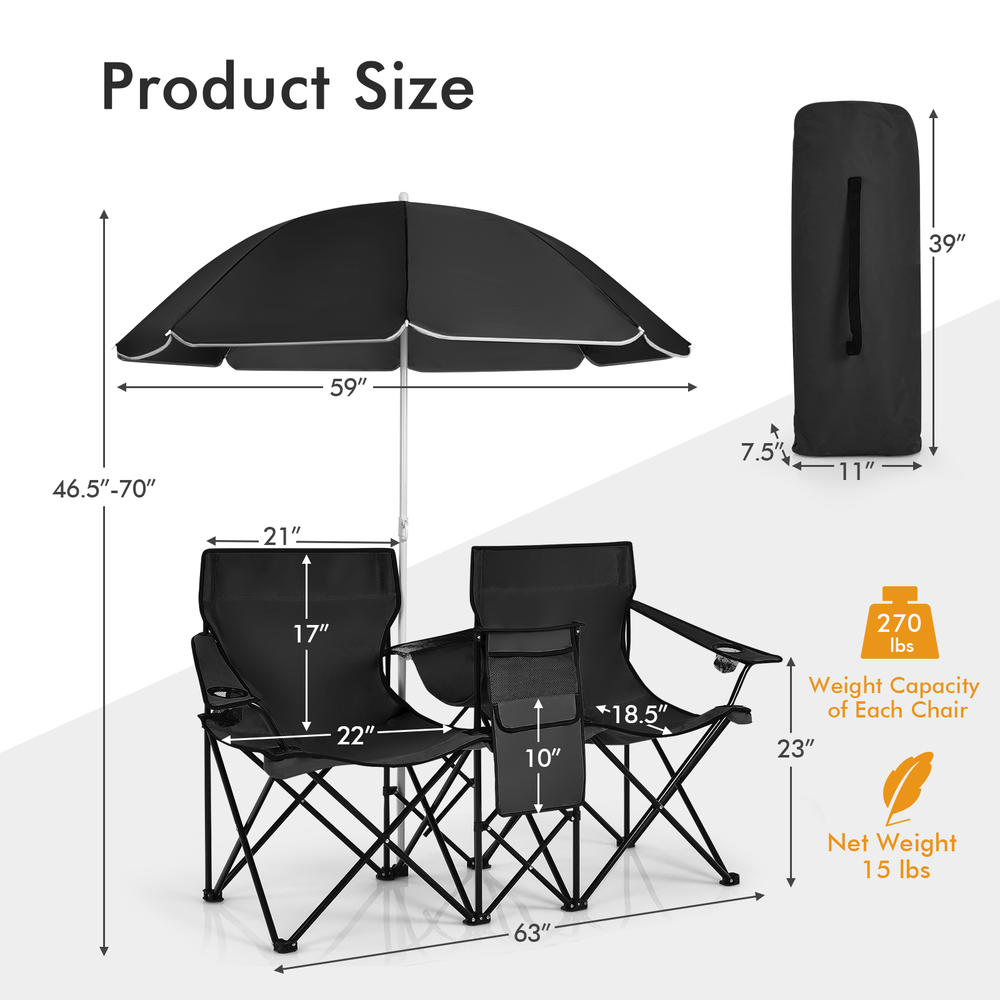 Goplus Portable Folding Picnic Double Chair W/Umbrella Table Cooler Beach Camping Black