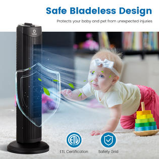 Fantask EP23485BK 35W 28'' Oscillating Tower Fan 3 Wind Speed Quiet  Bladeless Cooling Room